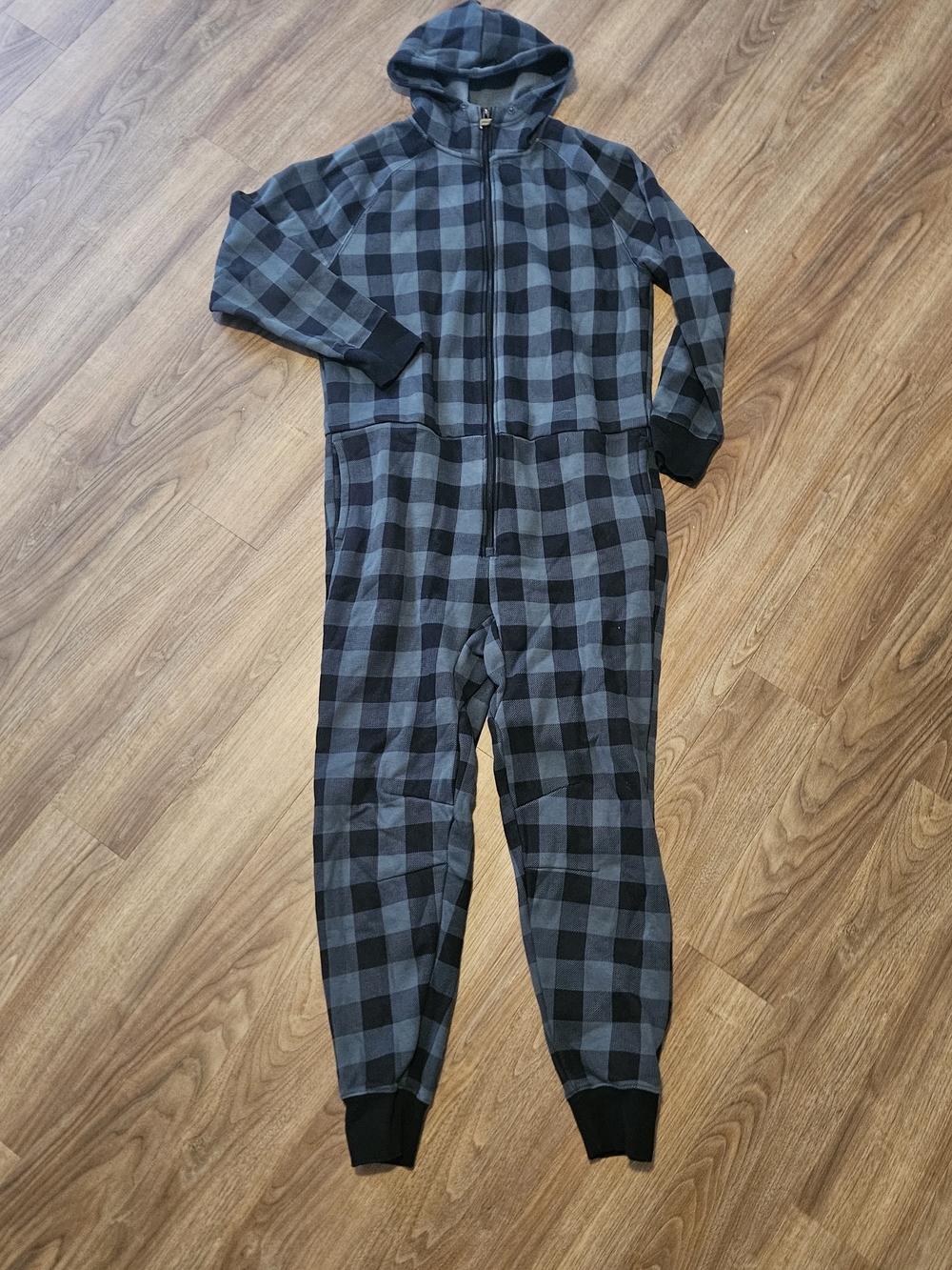 Unisex Black and Green Plaid Hooded Onesie